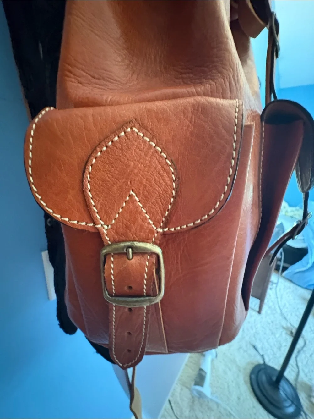 Classic Light Brown Leather Backpack with Front Flap and Buckles 15” x 12”